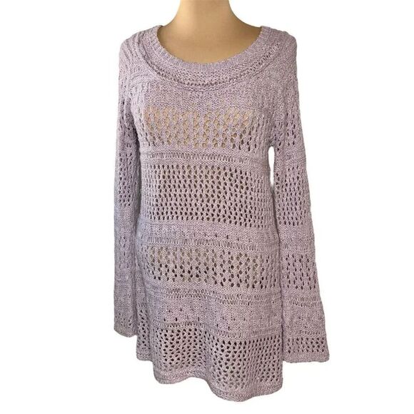BCBGMaxAzria Dresses & Skirts - BCBG MaxAzria Sz XL Sweater Dress Crochet Knit Long Sleeve Boho Lavender Lilac